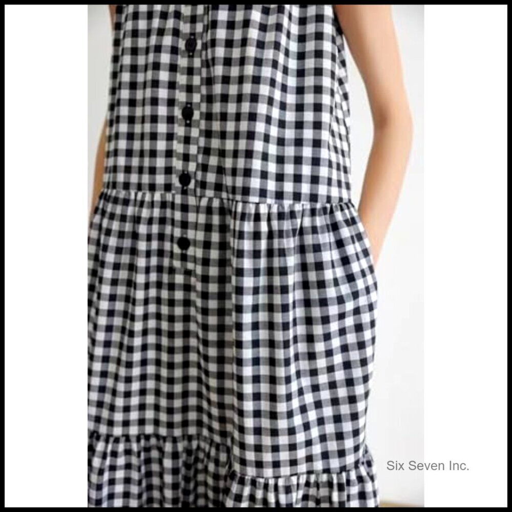 Summer Tiered Tank Dress Cotton Linen Sleeveless Beach Plaid Sun Dress - Picture 6 of 7